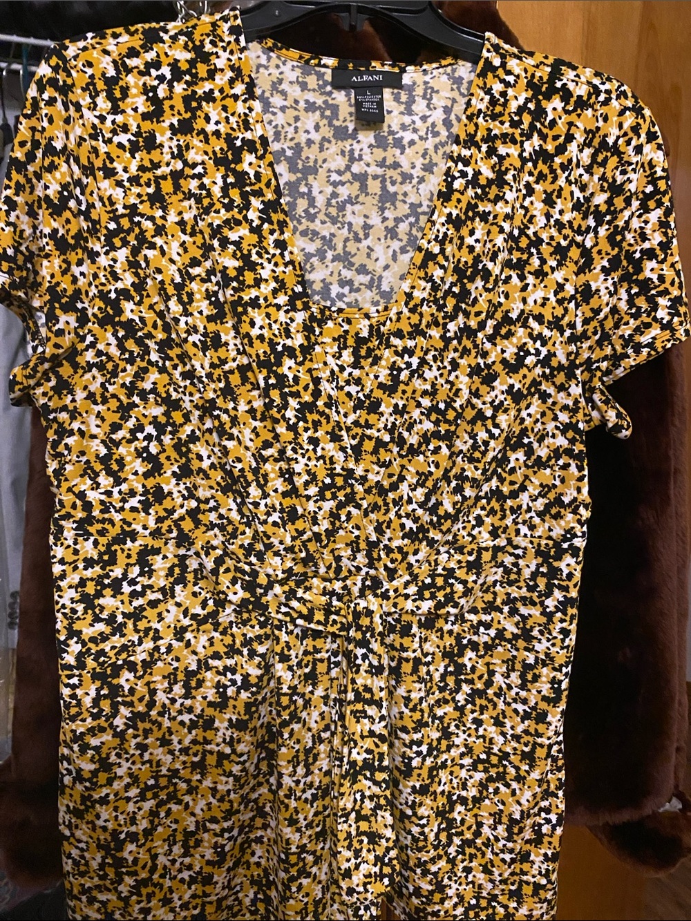 Alfani Short Sleeve Faux-Wrap Top Blouse - Yellow/Black Abstract Floral. Size L